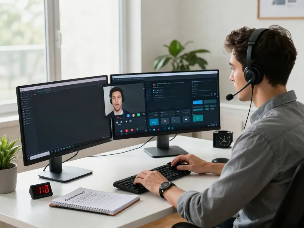 Deepfake protected Online Video Calls in a secure home office with tech devices.