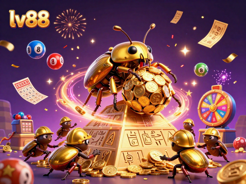 Experience the thrill of lv88 with vibrant casino elements and golden treasures in dynamic celebration.