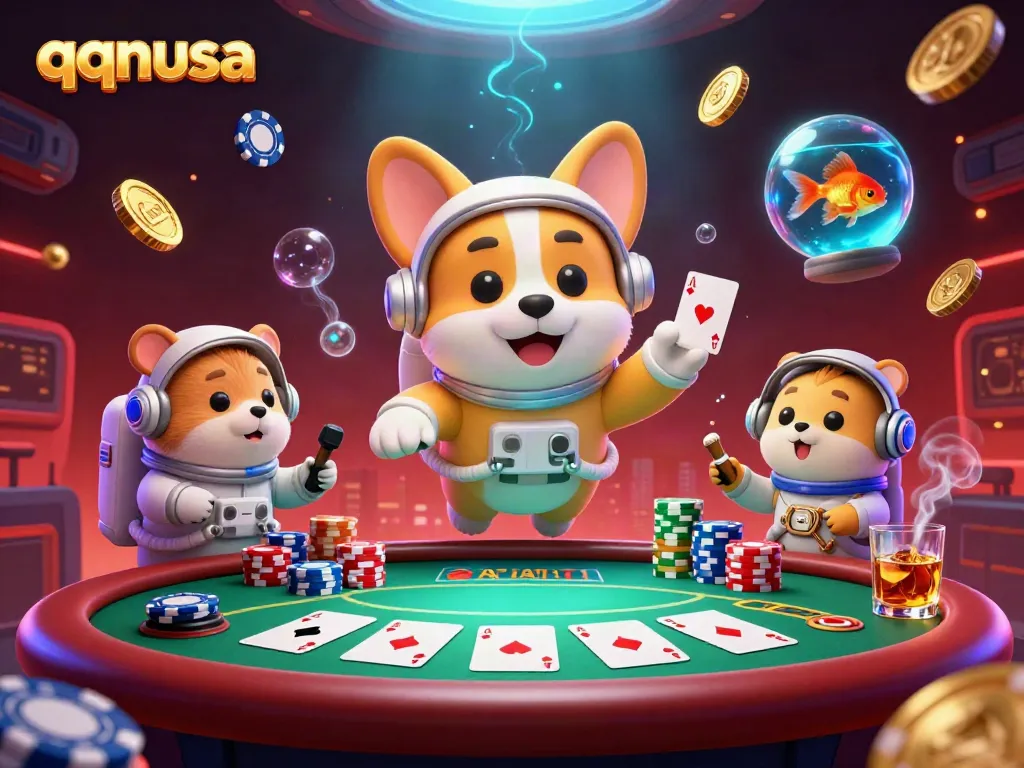 Engage in the thrilling cosmos of qqnusa with a floating corgi astronaut in a vibrant casino scene.