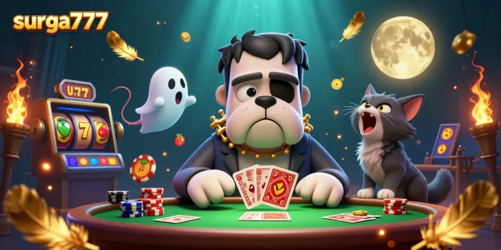 Experience thrilling gameplay at surga777 with a vibrant scene featuring a unique 3D Frankenstein bulldog dealer.