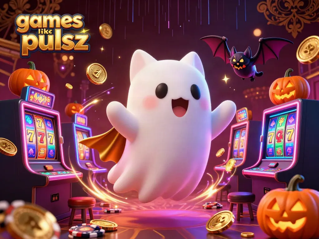 Play games like pulsz with a lively 3D casino showcasing a ghost cat and vibrant slot reels.