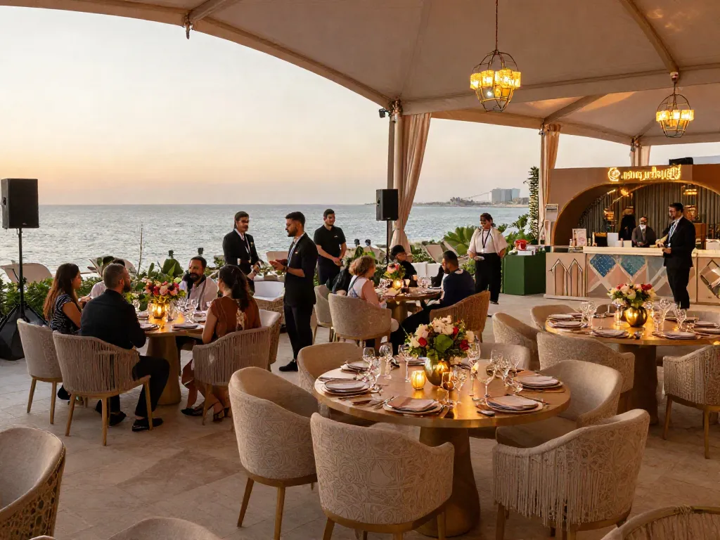 Event rental KSA setup showcasing luxurious outdoor venue with elegant decor and guests enjoying a lively atmosphere.
