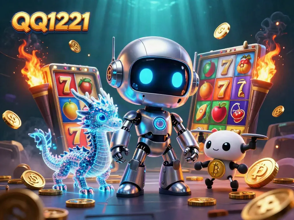 Experience winning at QQ1221 with a thrilling 3D casino scene featuring slot reels and neon characters.
