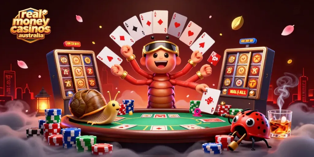 Experience exciting real money casinos Australia with a vibrant 3D cartoon casino scene featuring unique characters and dynamic elements.