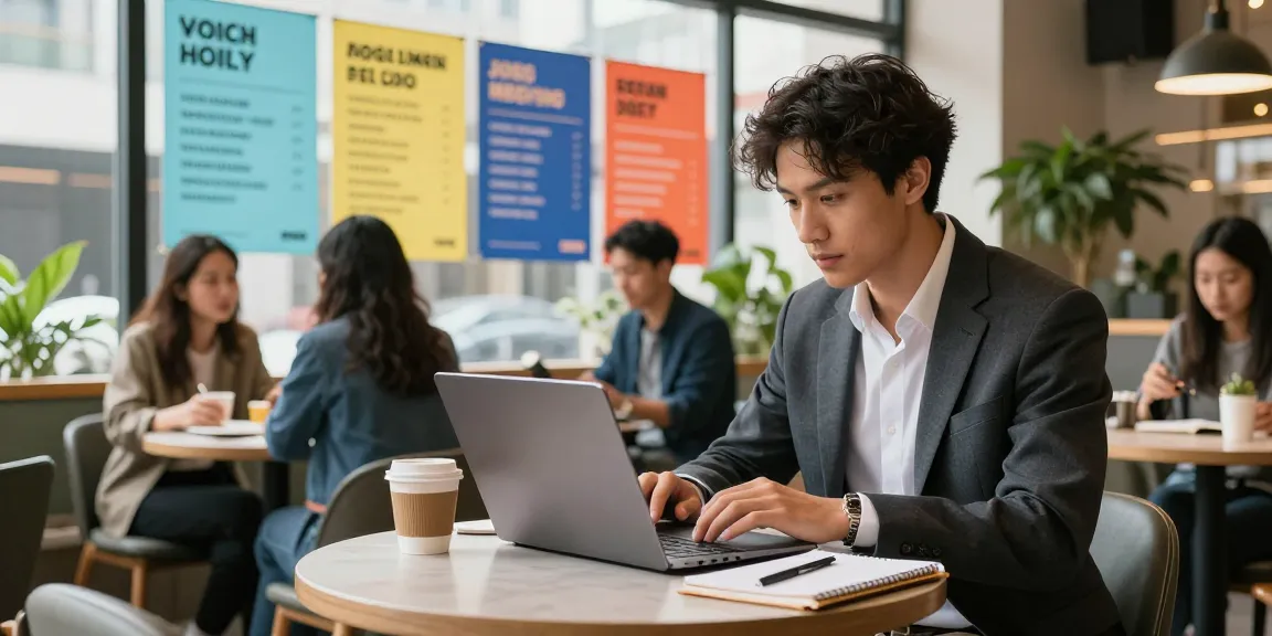 Engaging job search scene featuring a young professional exploring หางาน opportunities in a lively café.