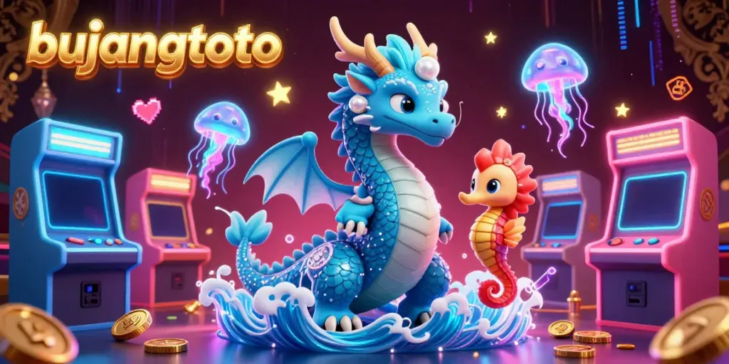 Bujangtoto showcases a vibrant scene with a water dragon, seahorse knight, and jellyfish amidst arcade machines in a captivating casino setting.