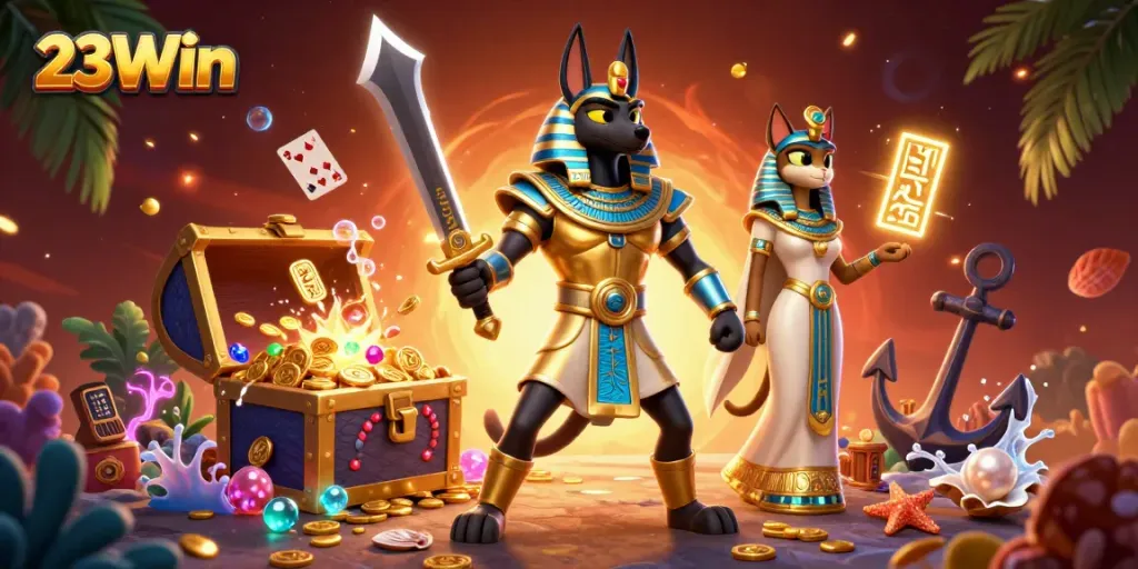 Engage in thrilling casino adventures at 23Win with vibrant ancient Egyptian warriors and exotic treasures.