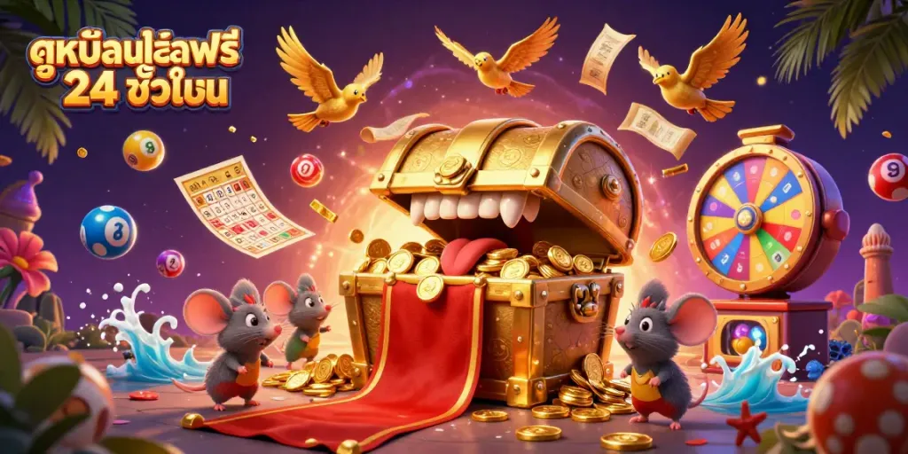 Engaging scene of ดูหนังออนไลน์ฟรี 24 ชั่วโมง, showcasing adventure mice near a treasure chest and gaming elements.