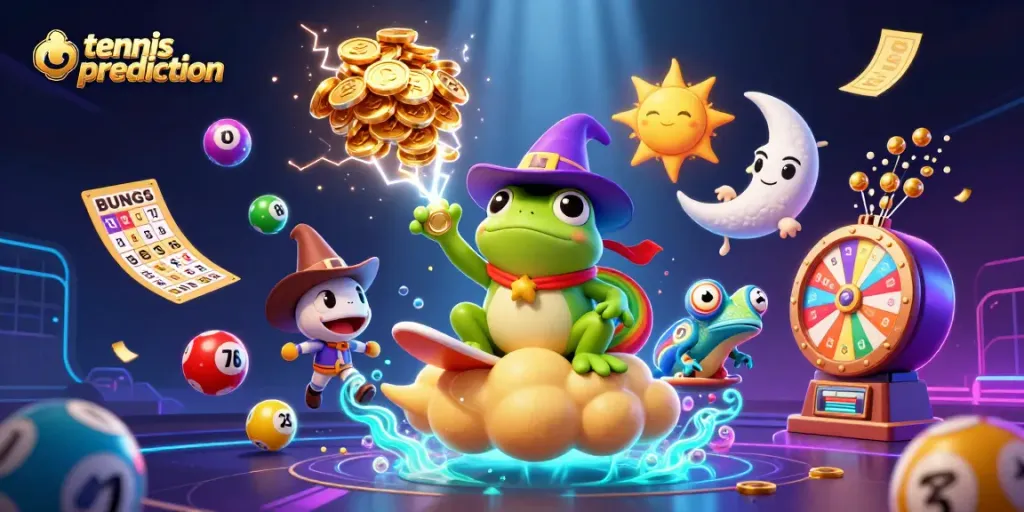 Enhance your tennis prediction strategies with dynamic visuals of a wizard frog and chameleon amidst gaming elements.