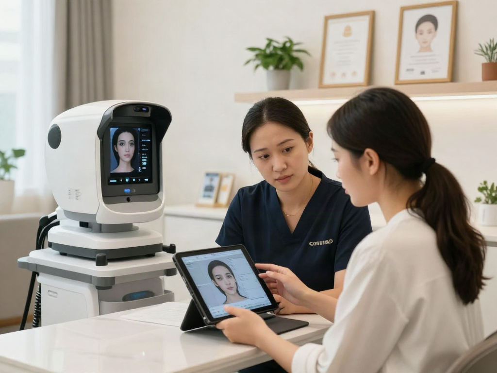 ClinicEvo vs QOVES facial analysis services in a modern clinic setting.