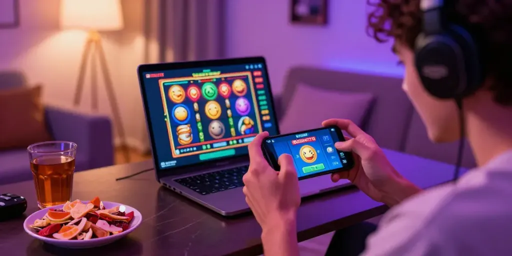 Pengguna RUSUNTOTO memainkan game slot di ponsel dalam suasana santai.