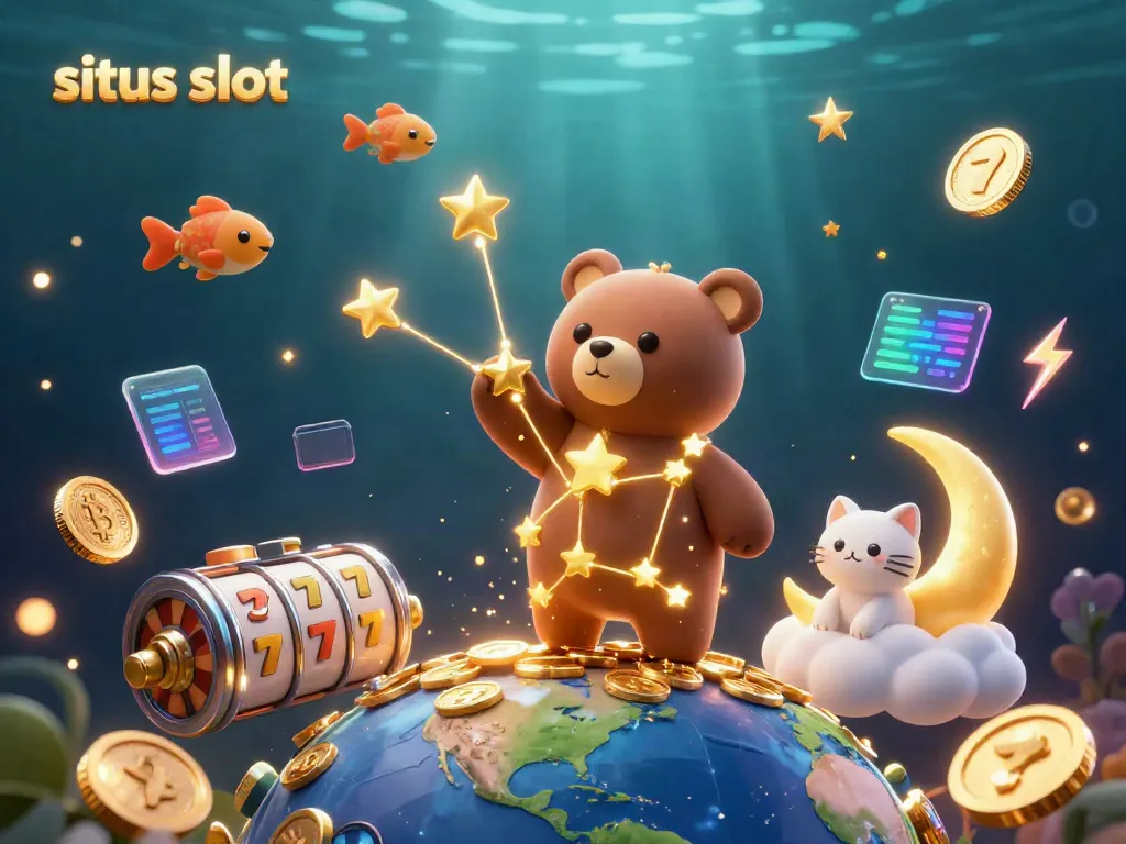 Catch exciting situs slot action with a cosmic bear and playful fish surrounded by vibrant slot game elements.