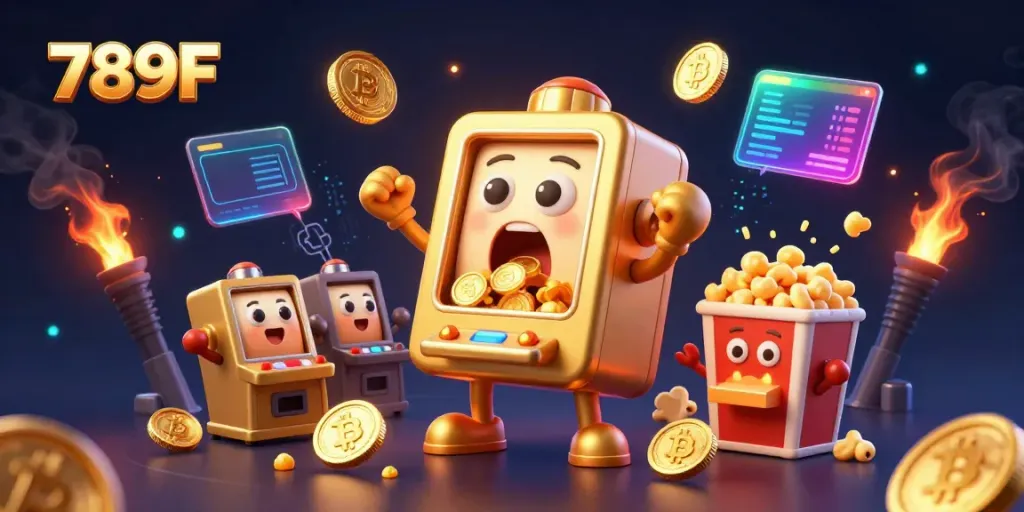 Experience jackpots and surprises with the lively 789F slot machine scene, featuring cheerful companions and vibrant Bitcoin elements.