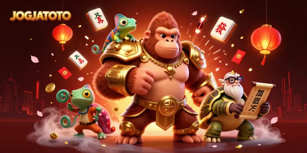 Feel the excitement of JOGJATOTO as a gorilla king leads the way in a vibrant casino world filled with luck and adventure.