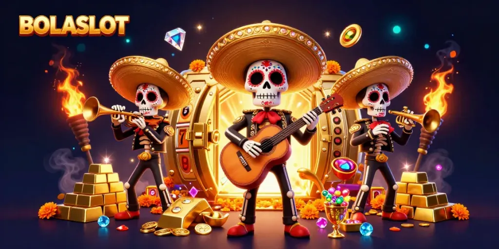Experience BOLASLOT excitement with vibrant skeleton mariachi band and slot elements bursting with treasures!