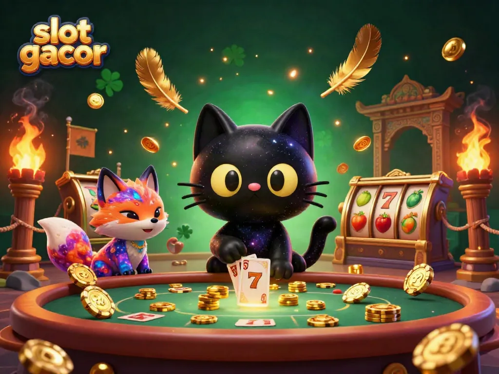 Engage with "slot gacor" in a vibrant cosmic casino scene, featuring a black hole cat and nebula fox surrounded by slot reels and golden chips.