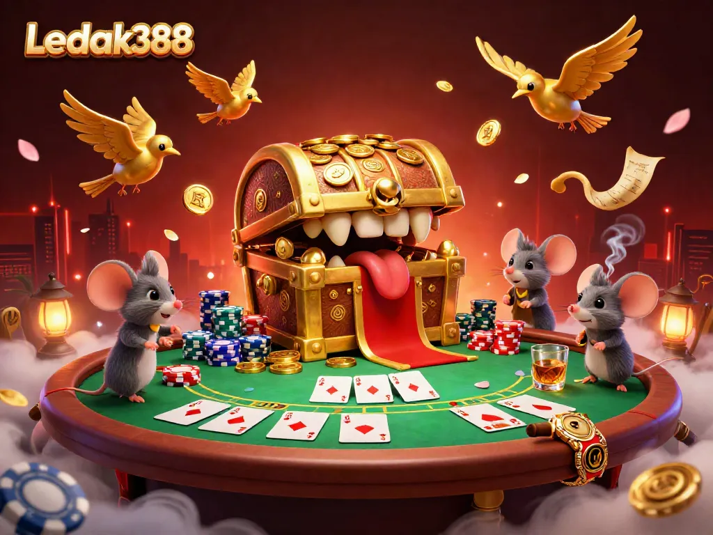 Experience the thrilling atmosphere of Ledak388 with a vibrant 3D casino scene featuring poker elements and playful characters.