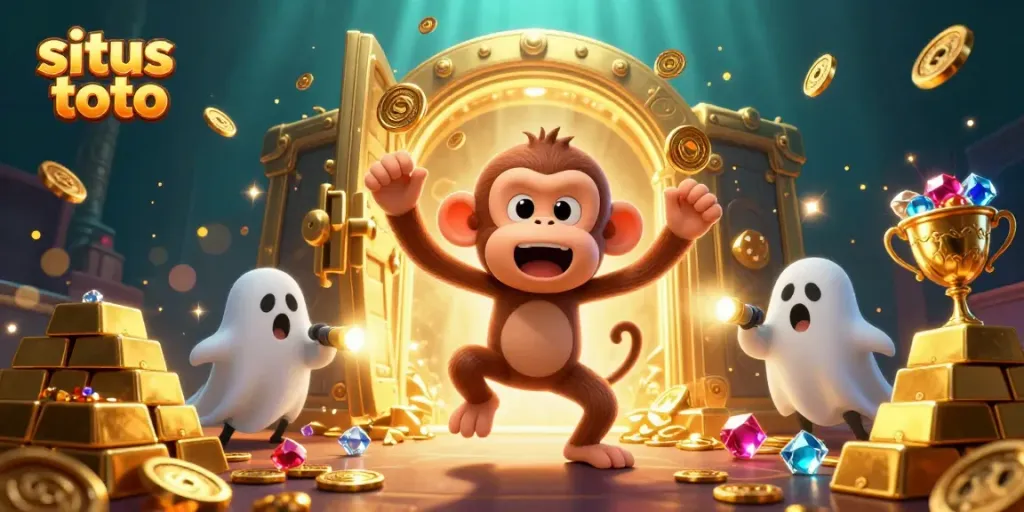 Experience the excitement of situs toto gaming with a playful poltergeist monkey juggling golden items in a vibrant casino.