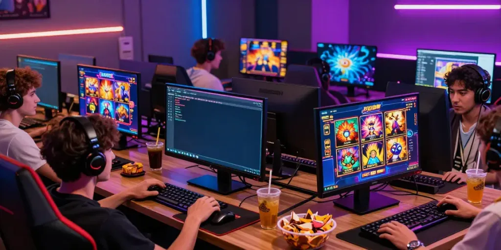 PESGSLOT gamers enjoying vibrant slot games on digital devices.