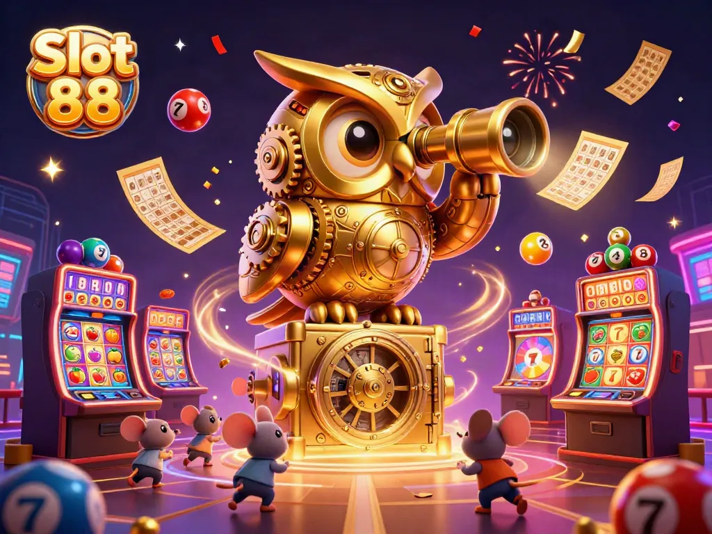Engaging 3D illustration of Slot 88 featuring a clockwork owl scanning slot machines, capturing excitement.
