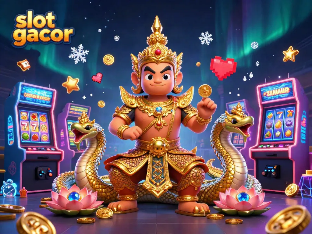 Spin the reels with slot gacor, featuring Thai temple guardian and dynamic colorful elements.