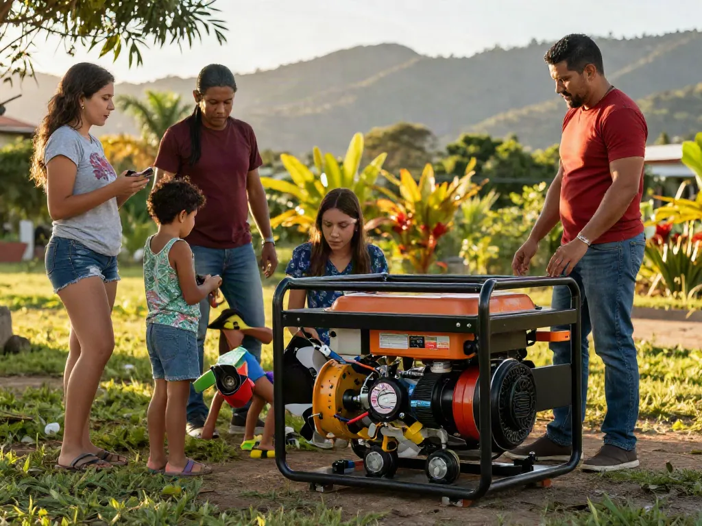 Plantas eléctricas Venezuela en uso durante un apagón familiar, generador en primer plano, ambiente tropical