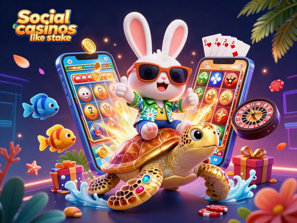 Spin and win with social casinos like stake, showcasing vibrant characters and casino games.