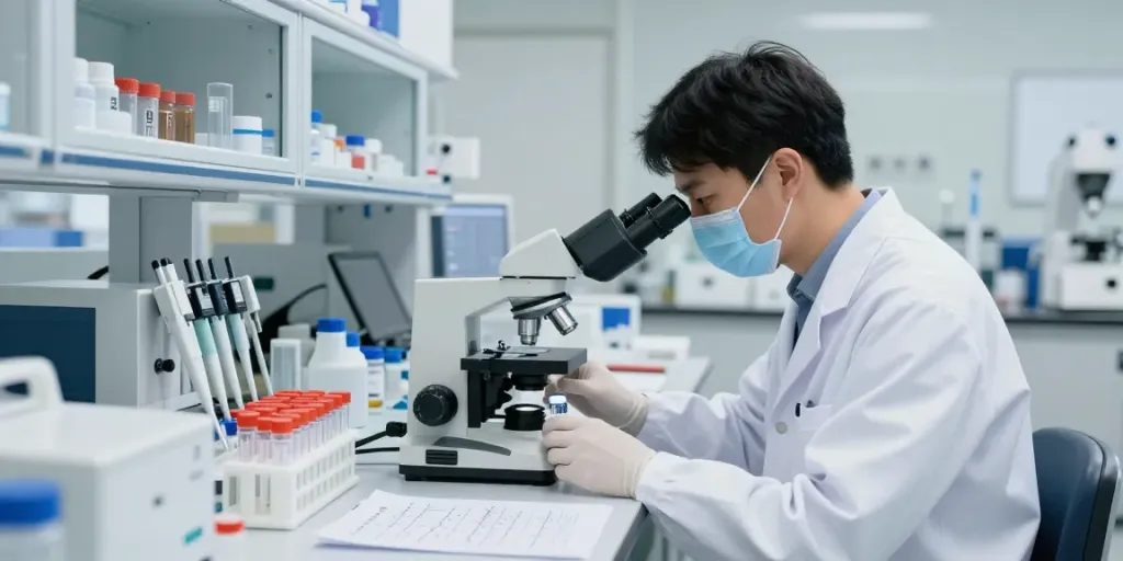 Scientist analyzing a1 compounds peptides in a modern lab environment.