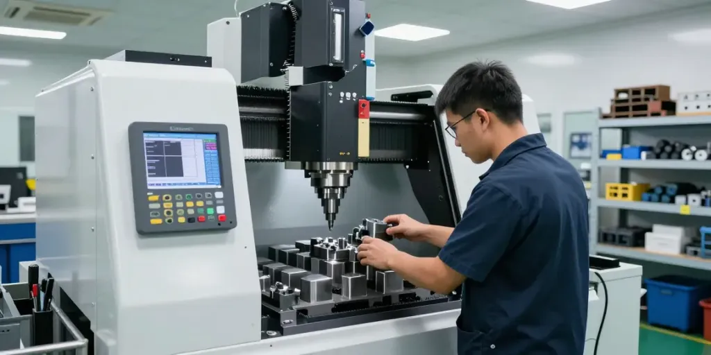 CNC machining parts manufacturer technician operating high-tech CNC machine in a professional workshop environment.