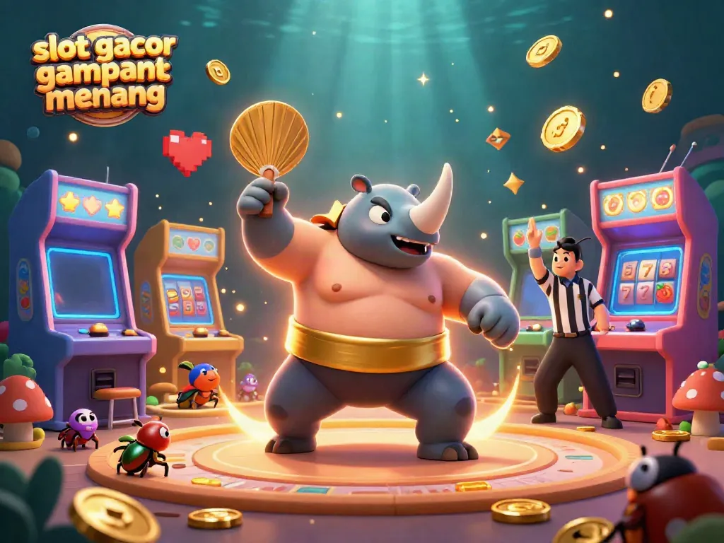 Experience the excitement of slot gacor gampang menang with a dynamic scene showcasing a sumo champion beetle amidst a flurry of golden coins and gaming elements.