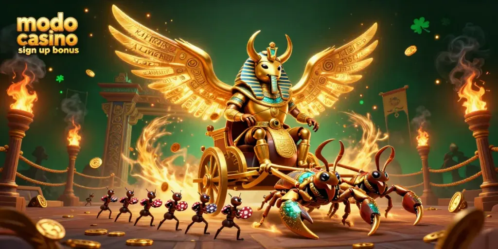 Claim the modo casino sign up bonus with vibrant game symbols and captivating golden elements.