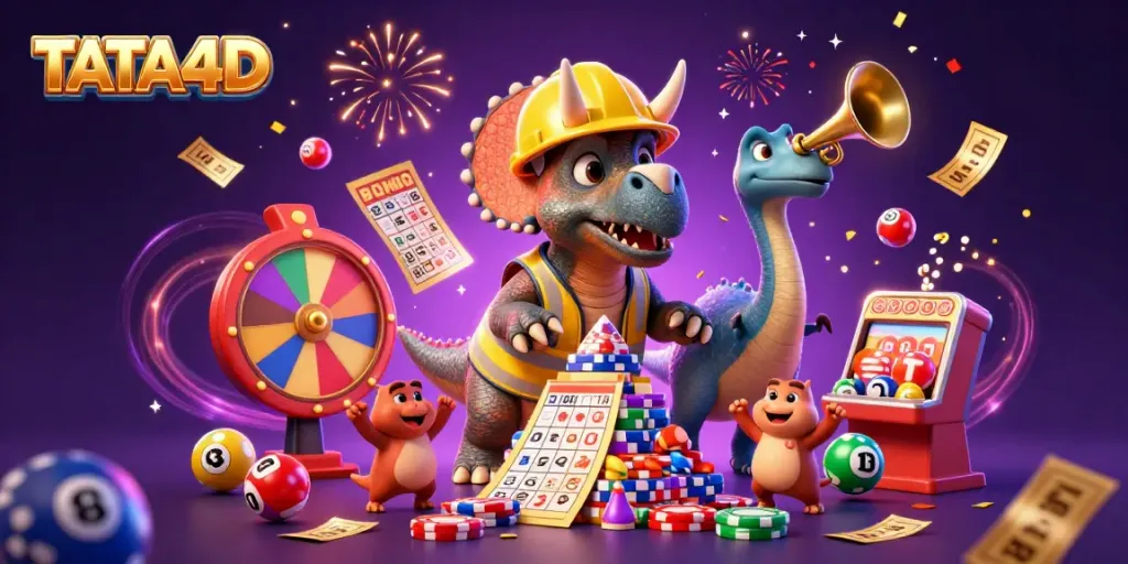 TATA4D brings excitement with colorful lottery elements and dinosaur characters in a vibrant casino scene.