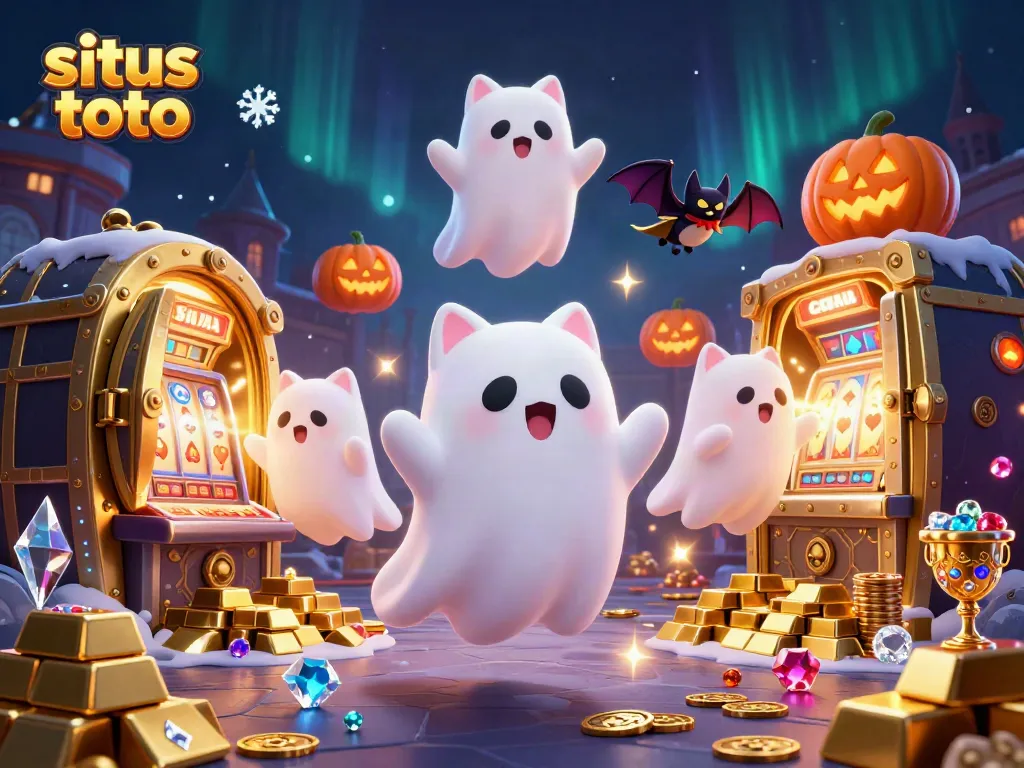 Experience thrilling excitement at situs toto with floating ghost cat and vampire bat in a haunted casino.