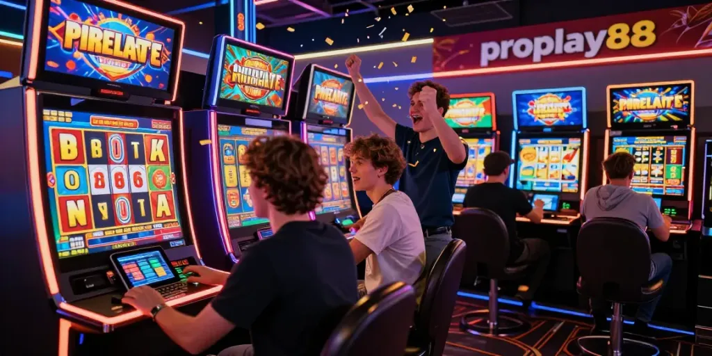 Players enjoying exciting slot games via proplay88 in a vibrant online casino atmosphere