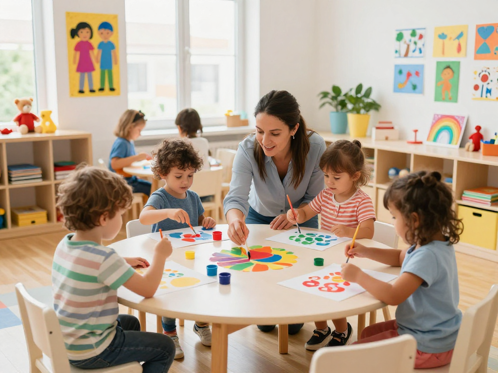 Engaged children in a vibrant classroom during inquiry-based learning at a kindergarten near me, promoting creativity and cultural diversity.