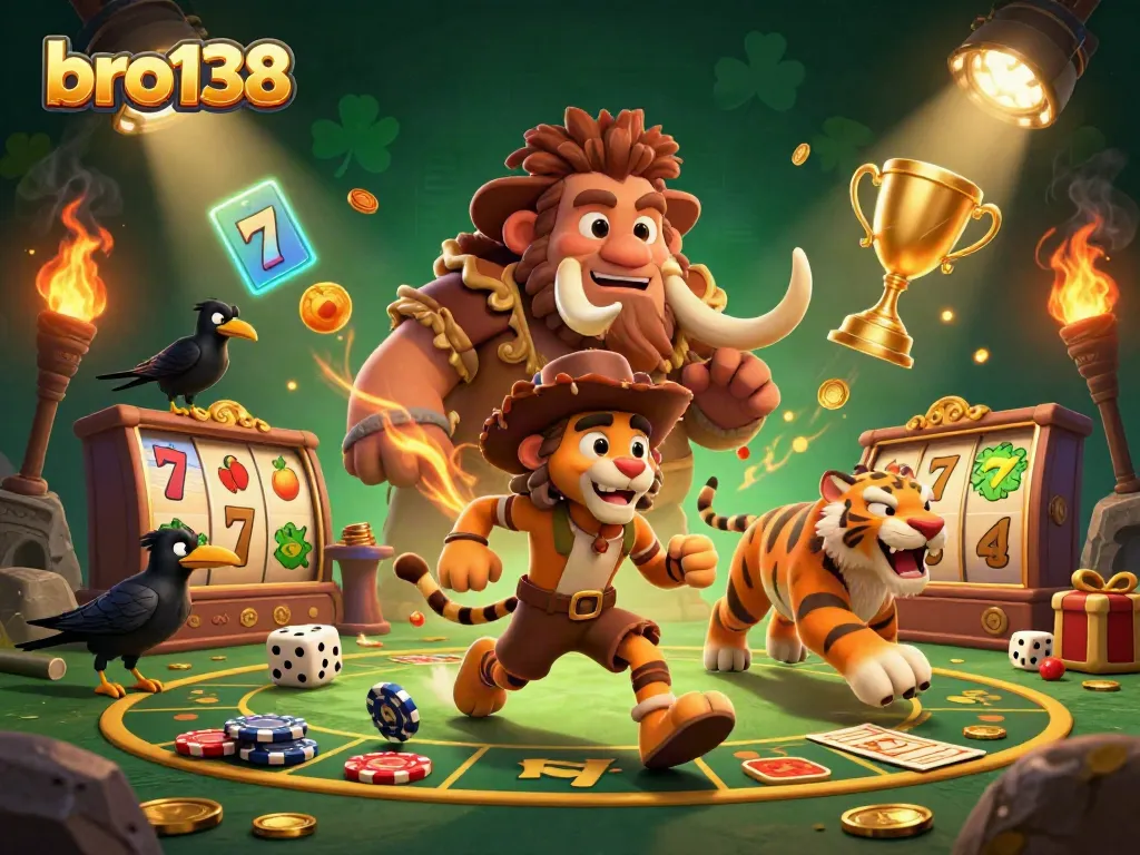 Experience thrilling gameplay with bro138 in this vibrant casino scene featuring a caveman and a tiger.