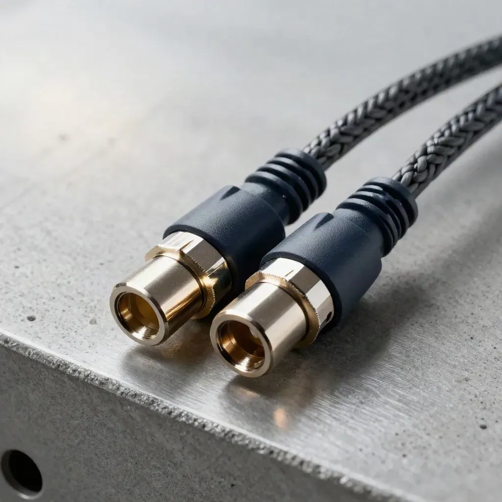 Macro of cable connectors and server hardware on concrete, lit from upper left.