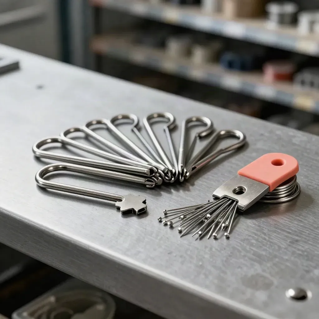 Retail merchandising hardware clustered on brushed metal under dramatic light and shadow.