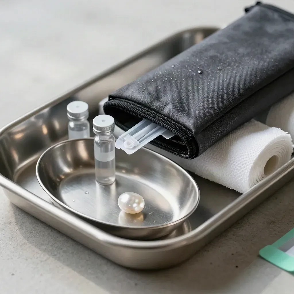 Macro of medical tray, swab vials, gauze rolls, and pouch in cool vapor