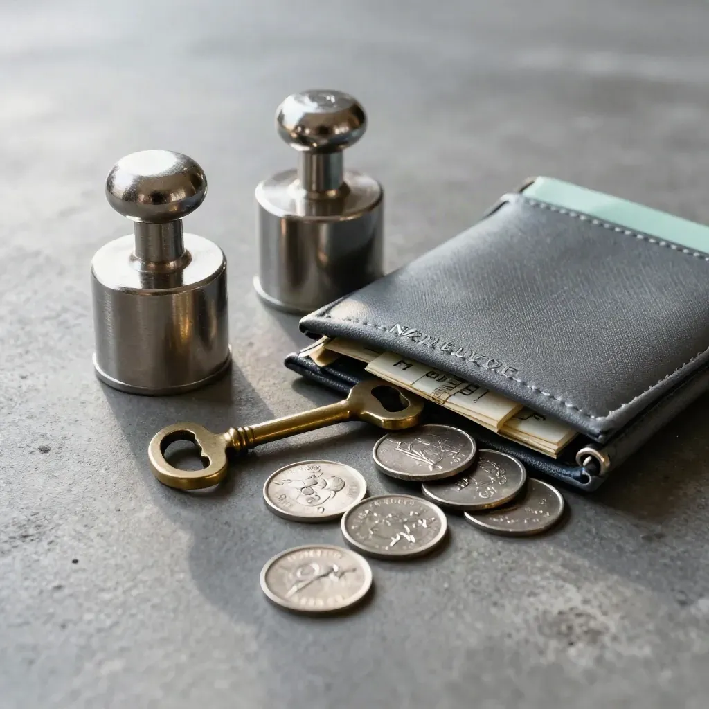 Brushed-metal finance security objects with key, cash bands, and pouch on graphite concrete.
