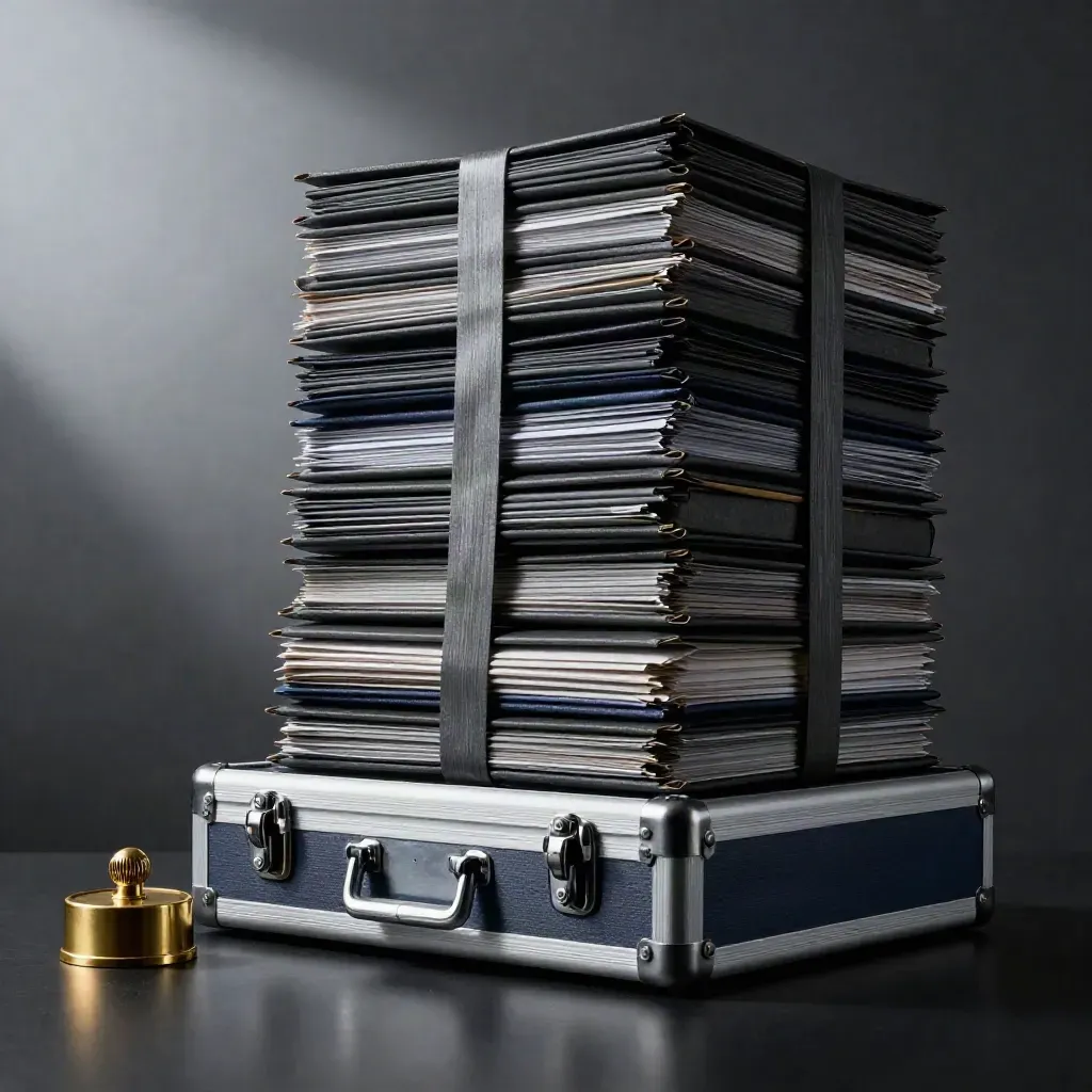 Charcoal binders, evidence envelopes, tamper bands, aluminum case and brass weight on a dark studio surface.