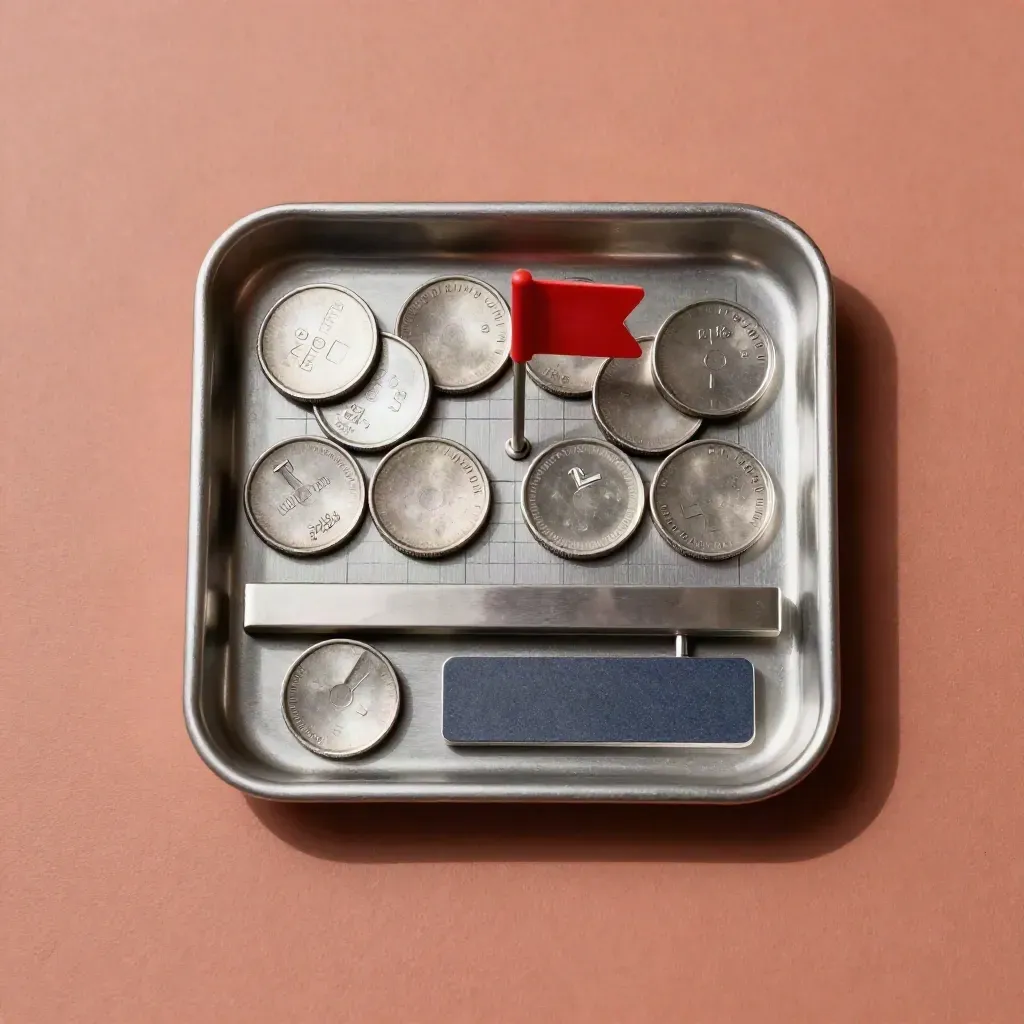 Macro flat lay of steel risk tokens, a red flag tab and a brushed tray on a clay-toned surface.
