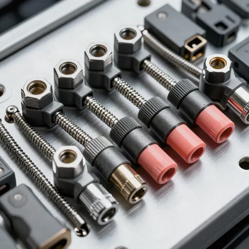 Macro grid of server connectors, sleeves, and a braided lead on brushed metal.
