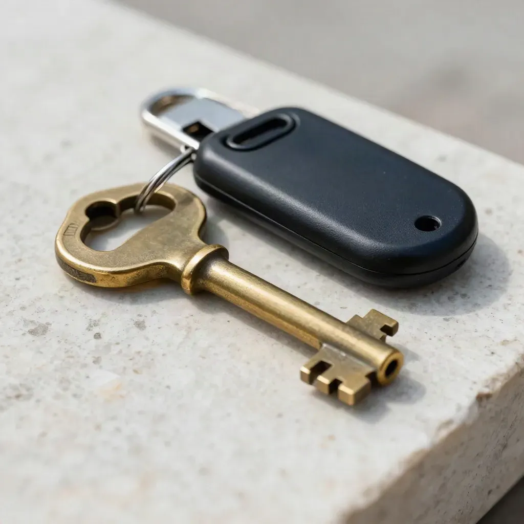 Brass key, security fob, seal disc, and steel clip on pale stone under dramatic light.