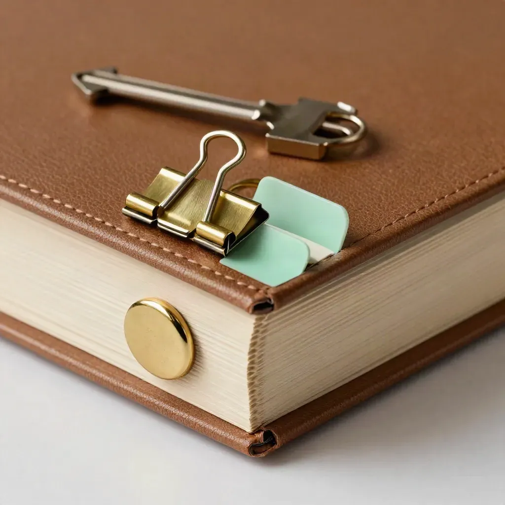Closed archival binder with brass clips and mint divider on a graphite archive surface, macro closeup.