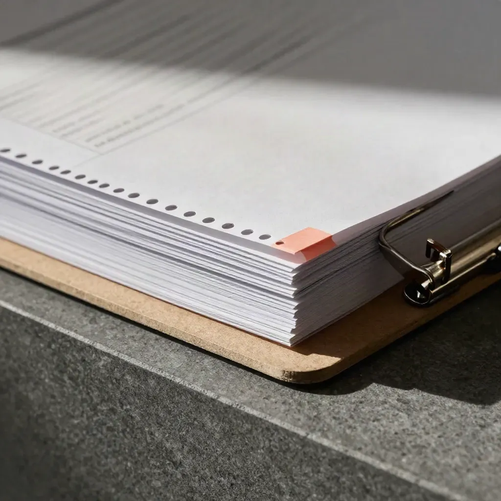 Macro side view of an audit checklist stack clamped with metal hardware and coral rings.