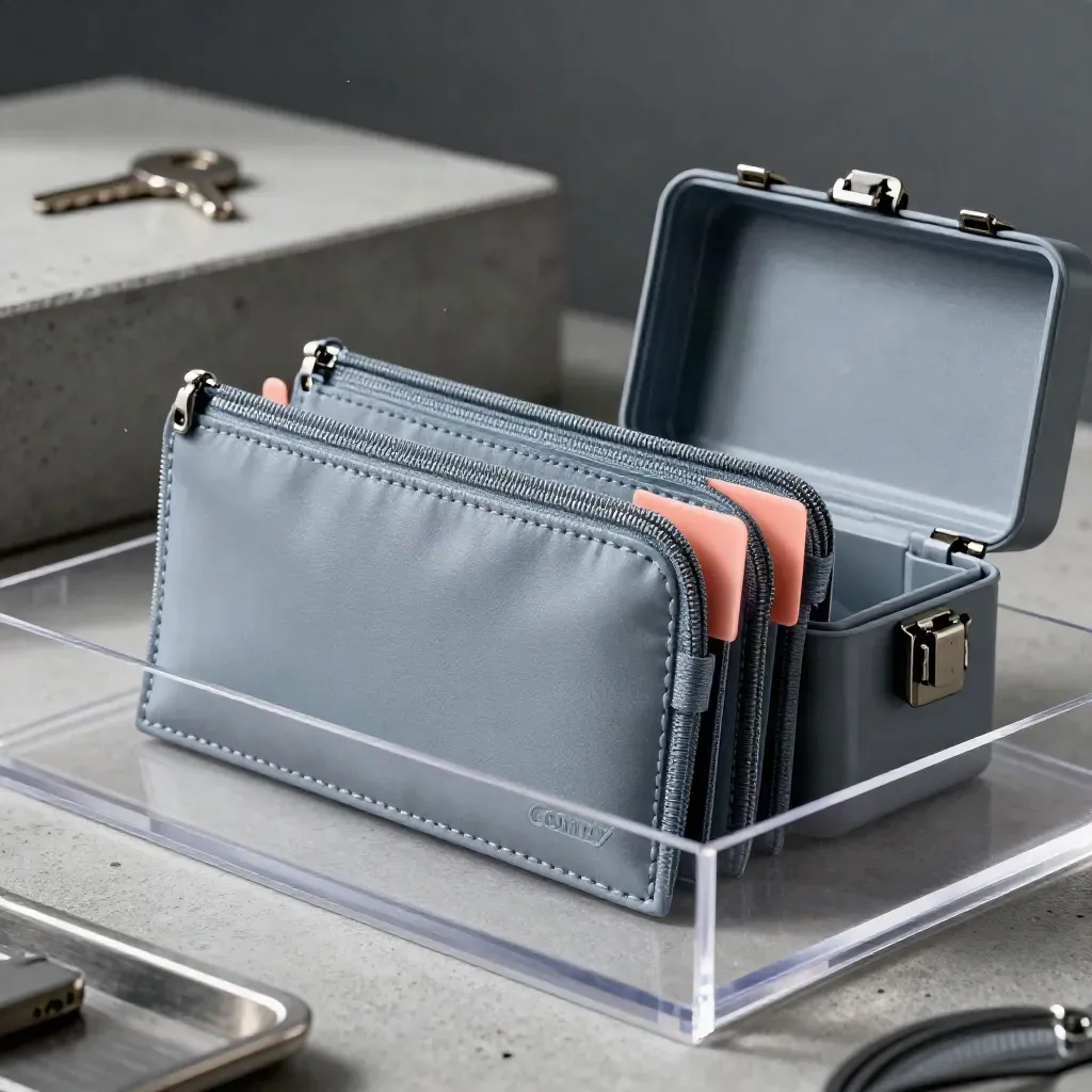 Evidence pouches, seals, clips, and an open lock box behind an acrylic divider.