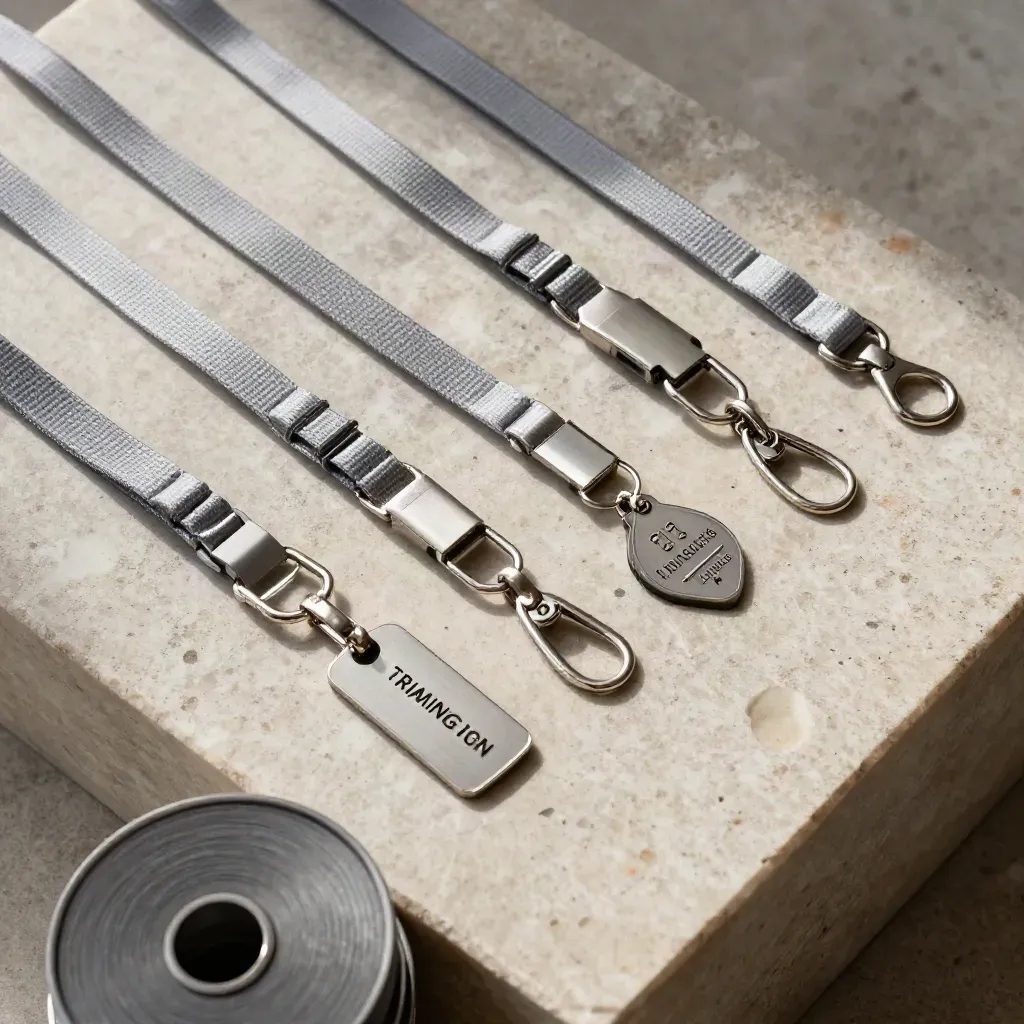 Badge reels, lanyard clasps, and a completion pin aligned on limestone under hard light.