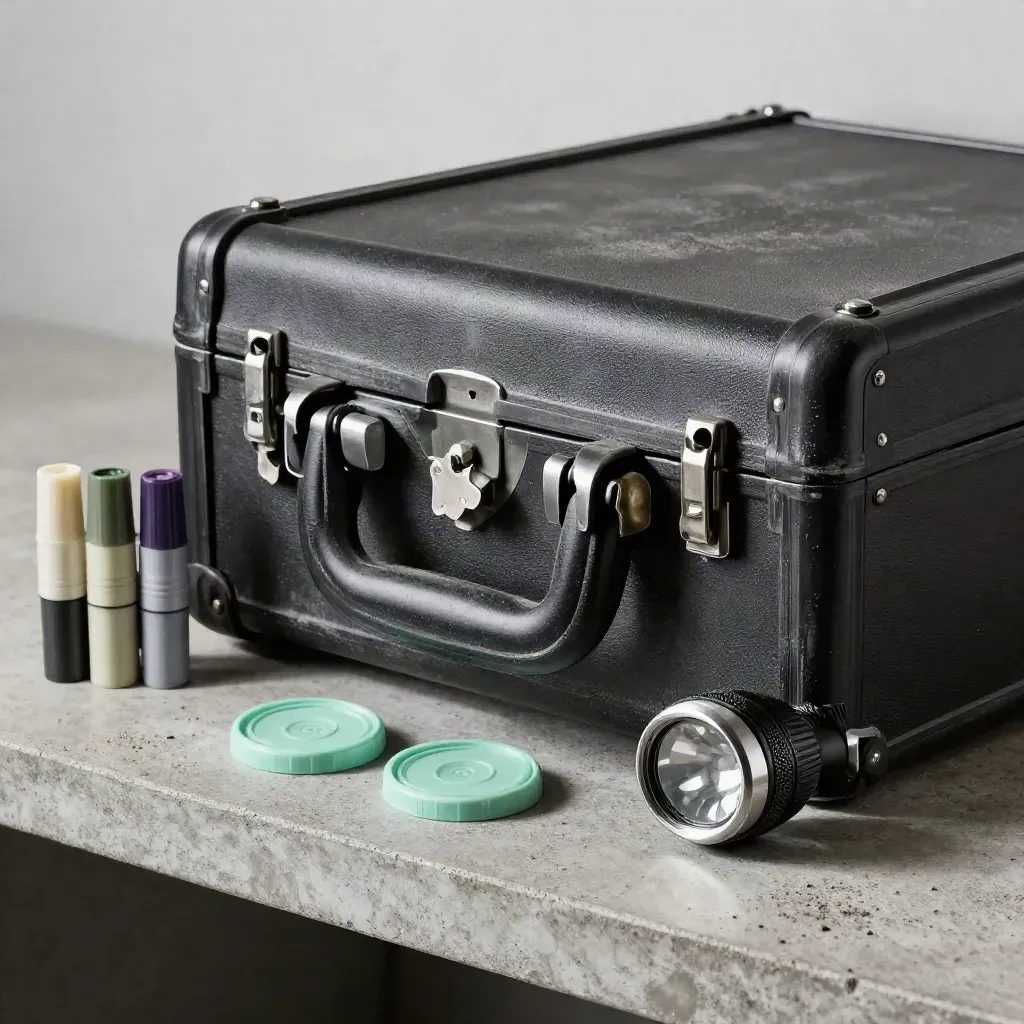 Incident case box with seals, marker caps, and flashlight on brushed concrete.