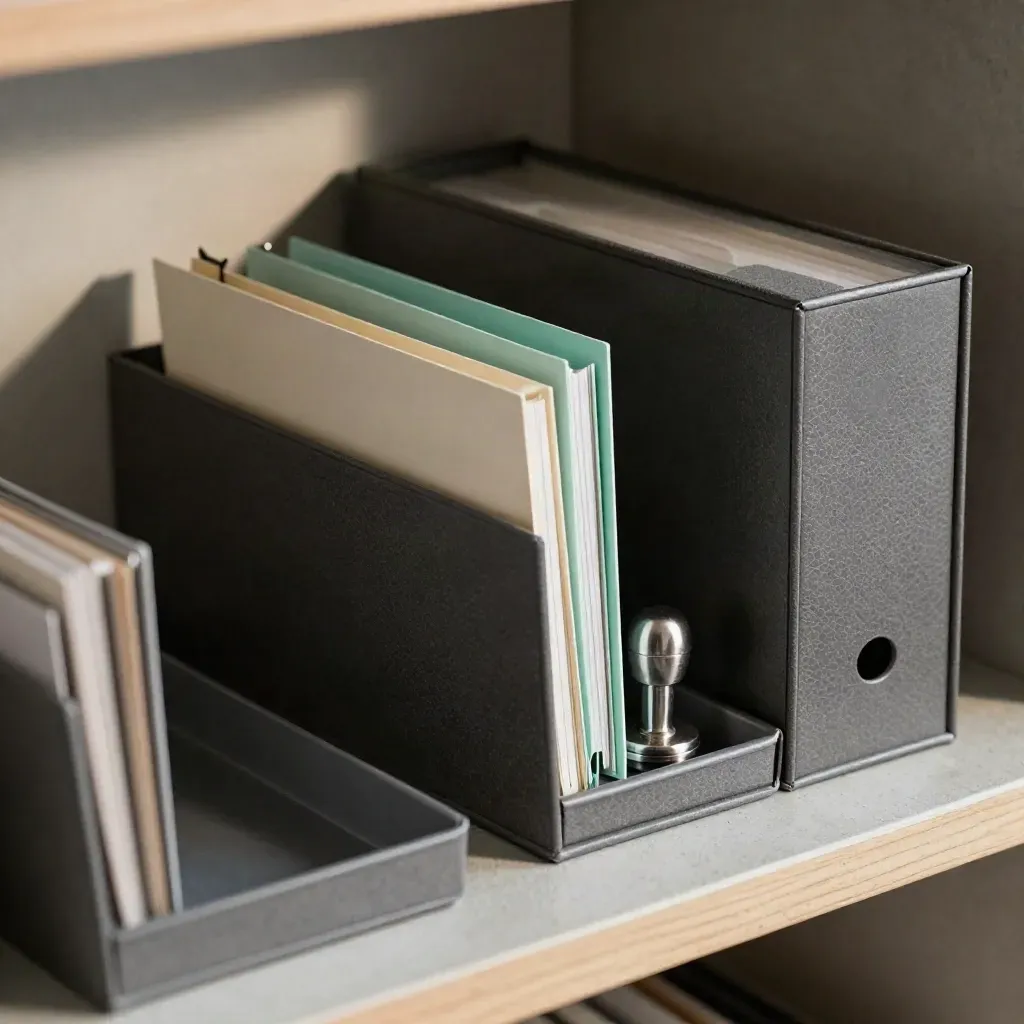 Macro still life of a startup compliance kit with archive box, binder, tabs and seal tool.